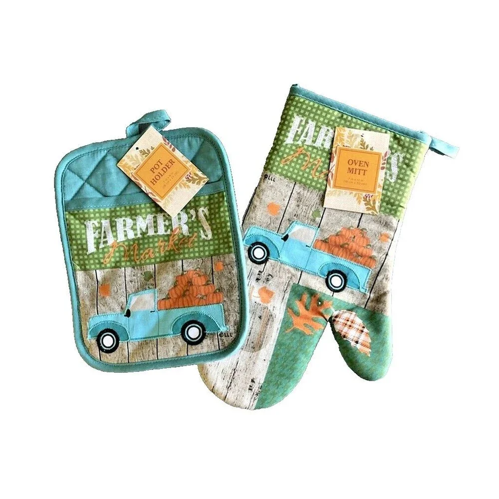 Thanksgiving Blue Farm Truck Oven Mitt Potholder Pumpkins Fall Set of 2